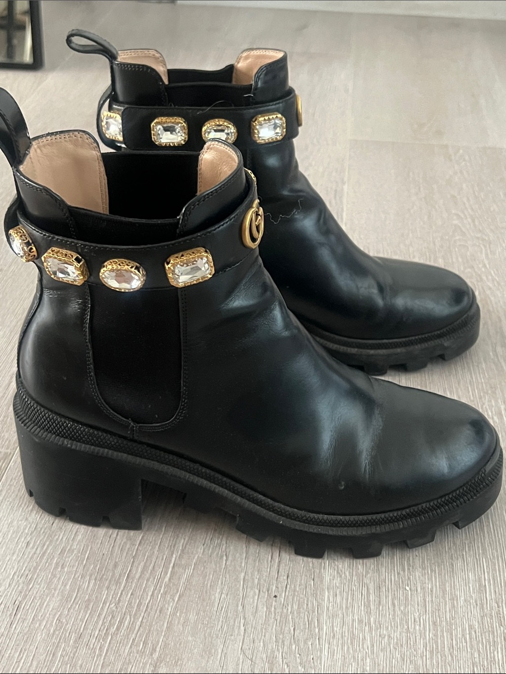 Gucci Black Leather Ankle Boots with Gold GG & Jeweled Strap - Picture 3 of 8